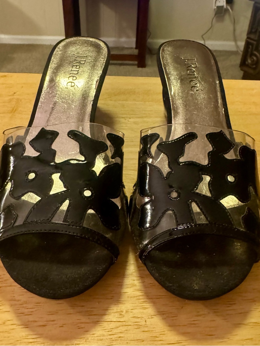 J.Renee Black Floral Clear-Panel Slide Mules